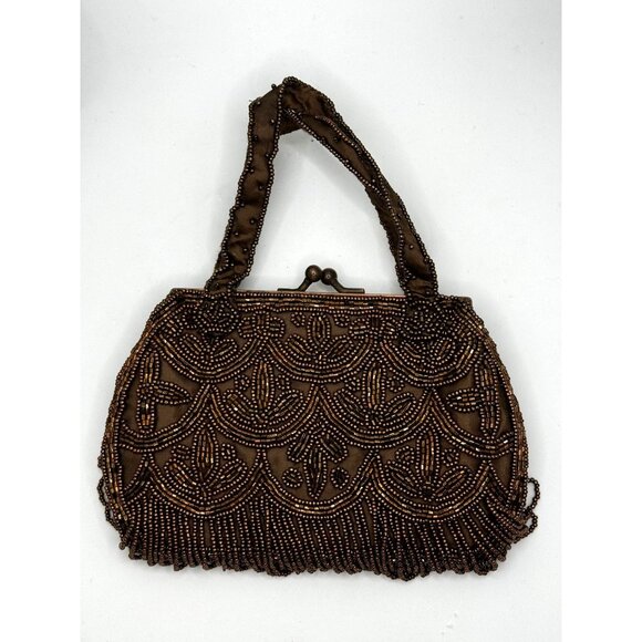 La Regale Handbags - La Regale Vintage Beaded Brown Evening Handbag With Elegant Art Deco Design